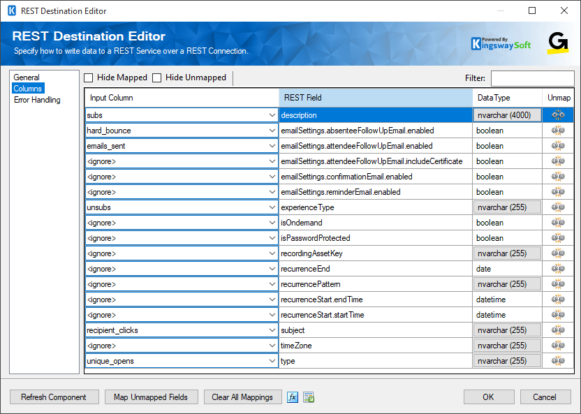 SSIS GoToWebinar Destination Component - Columns